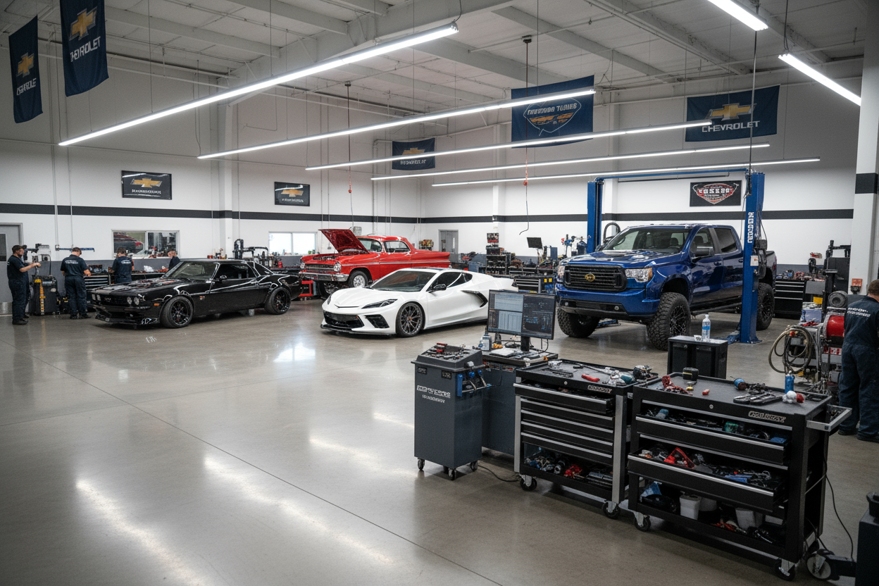 auto shop with custom chevy cars in background